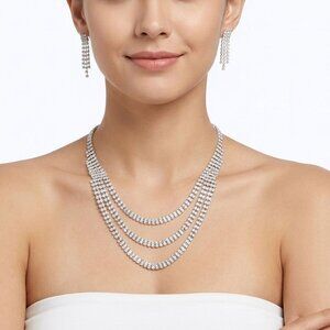 Tiered Rhinestone Statement Necklace & Dangle Earring Set Silver Tone